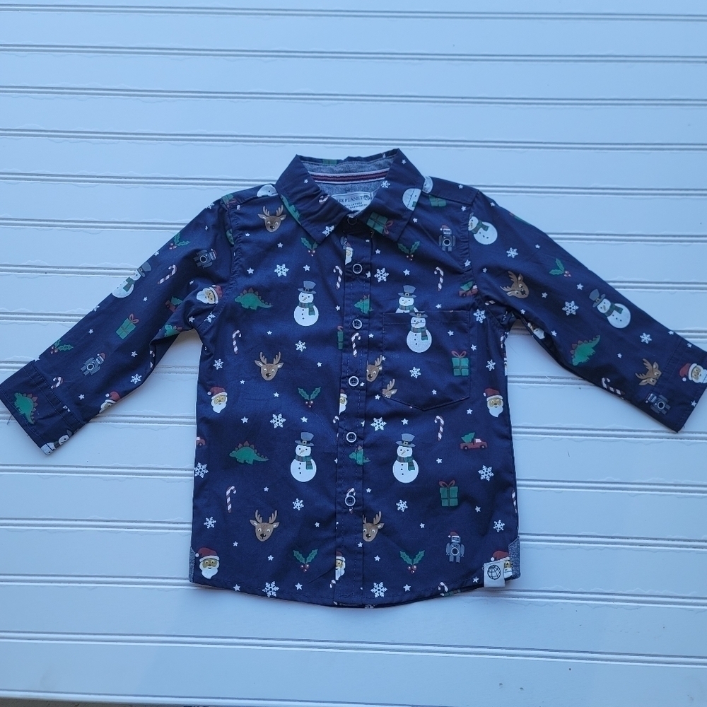 NWOT Boys Free Planet Christmas Holiday Blue Robot Dino Button Down Shirt 2T